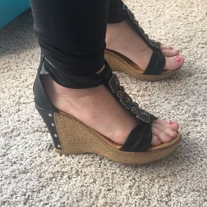 Black BRAND NEW cork sandal wedges with zipper